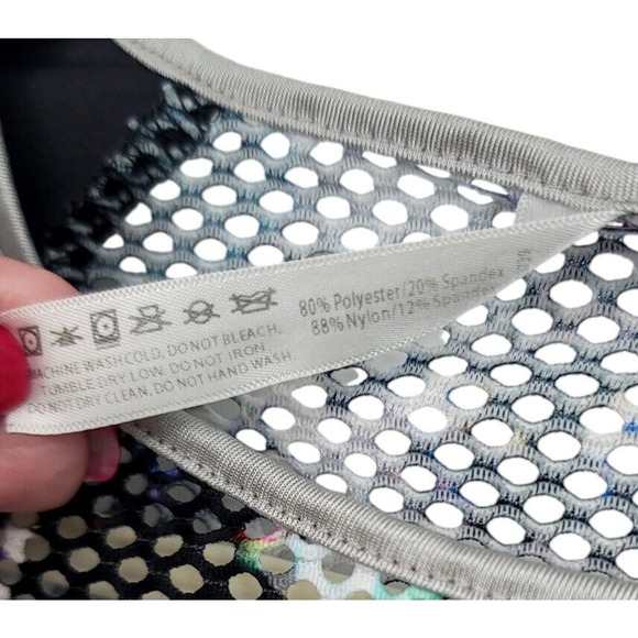 Denise Cronwall Activewear Long Sleeve Mesh Sheer Top Black Multi-Color Floral M - Picture 5 of 5